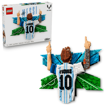 LEGO Messi celebration set box with brick-built figure showing arms up and "10" detail