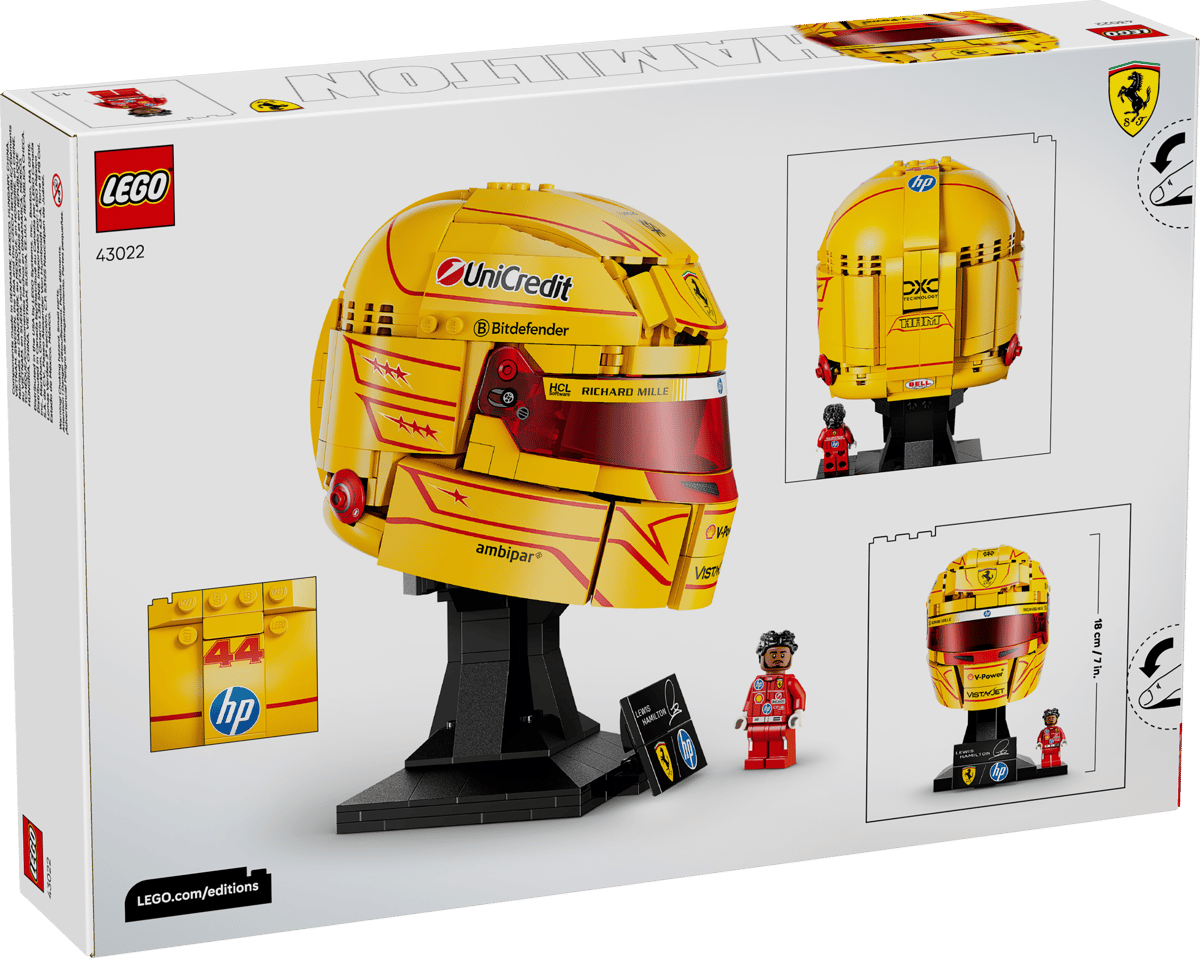 Yellow Scuderia Ferrari-style racing helmet set in retail box with display stand