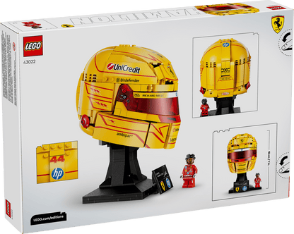 Yellow Scuderia Ferrari-style racing helmet set in retail box with display stand