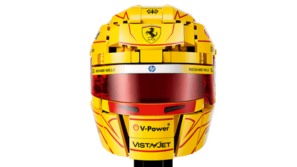 Close-up of yellow and red racing helmet visor and side details