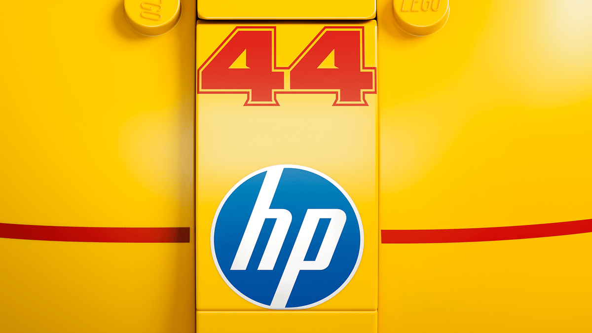 Close-up of yellow LEGO 44 hp logo graphic on the set packaging