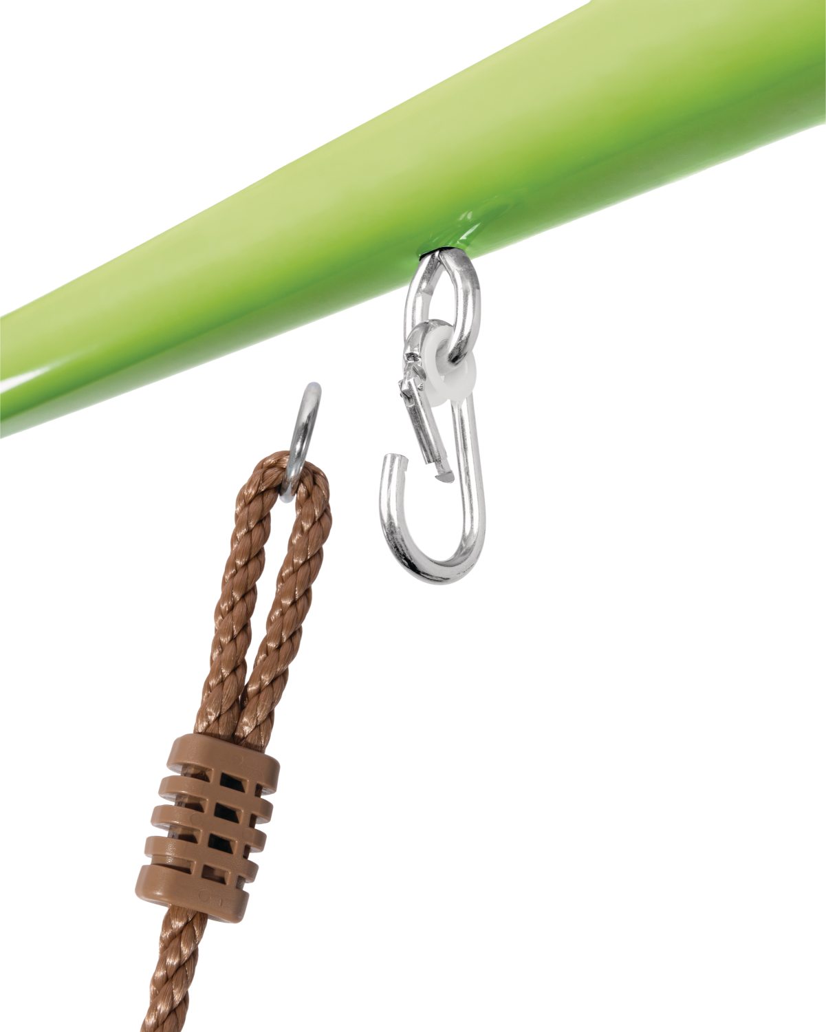Standing swing strap detail with green bar, metal hook, and brown braided rope