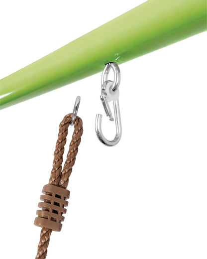 Standing swing strap detail with green bar, metal hook, and brown braided rope