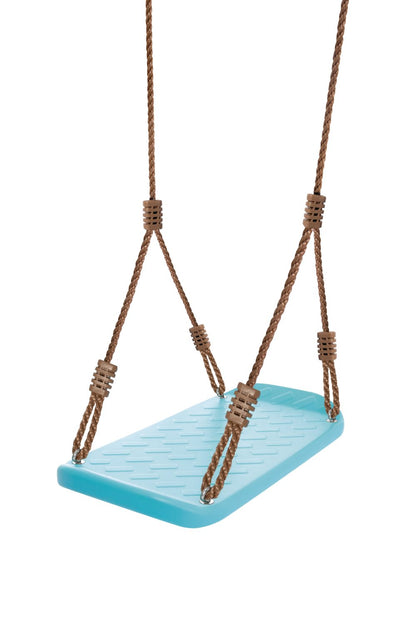 Standing surf swing with blue platform and four brown braided rope loops