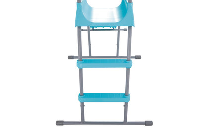 Freestanding slide frame with two-step ladder and wide blue slide base