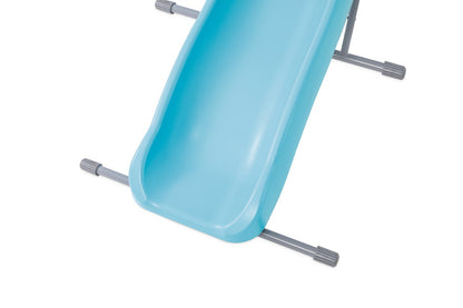 Light blue slide basin with metal support rails and front feet