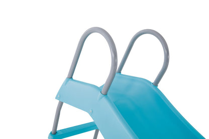 Light blue slide with two rounded handrails and attached ladder platform