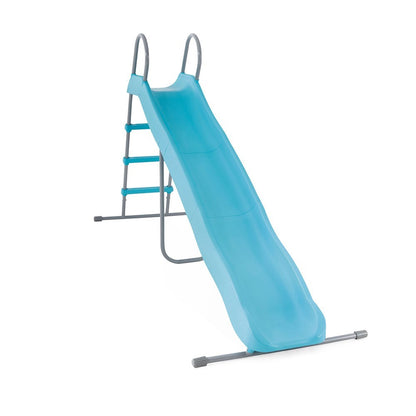 Light blue freestanding slide with ladder-style frame and curved slide