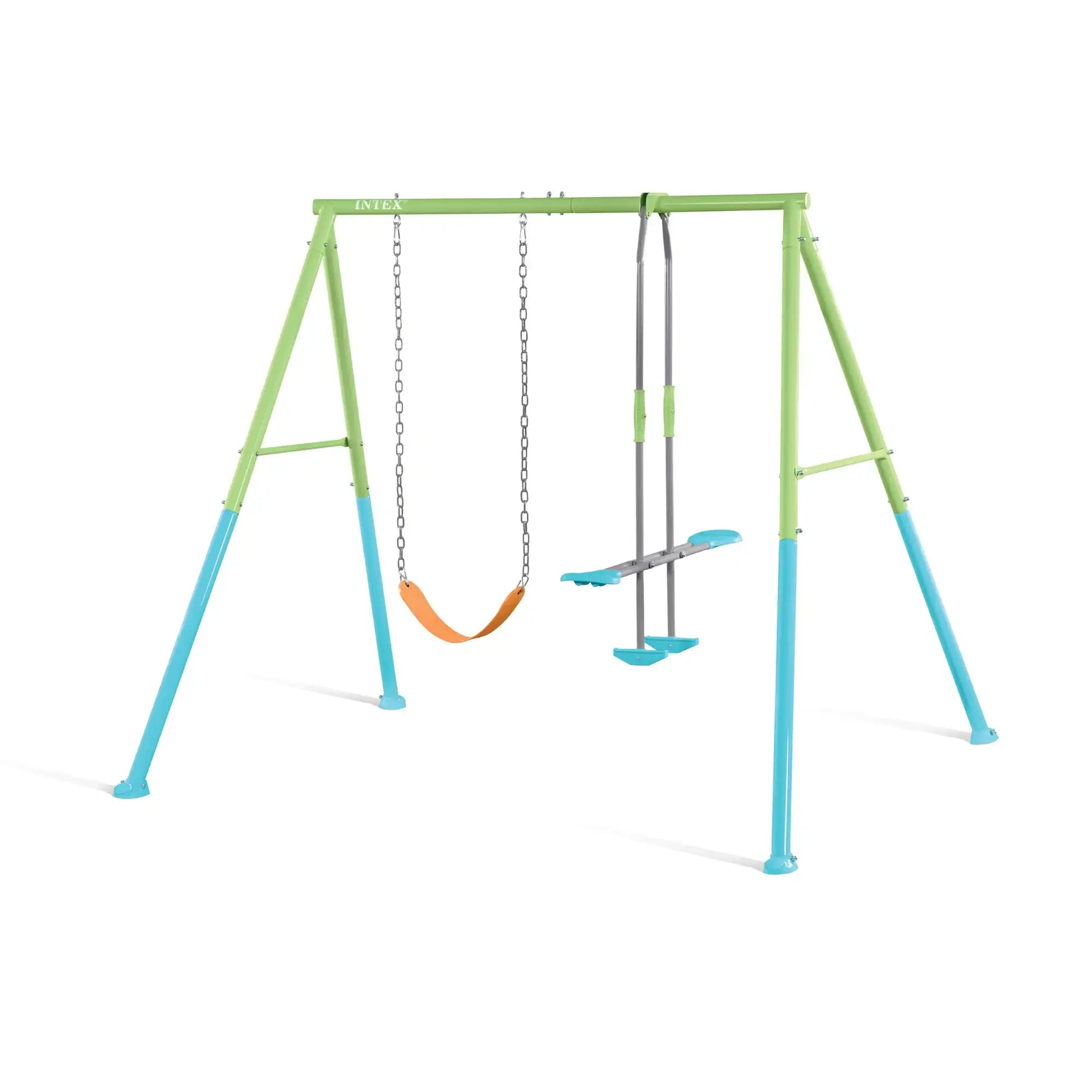 Kids swing set frame in green and blue with two chain swings and orange seat