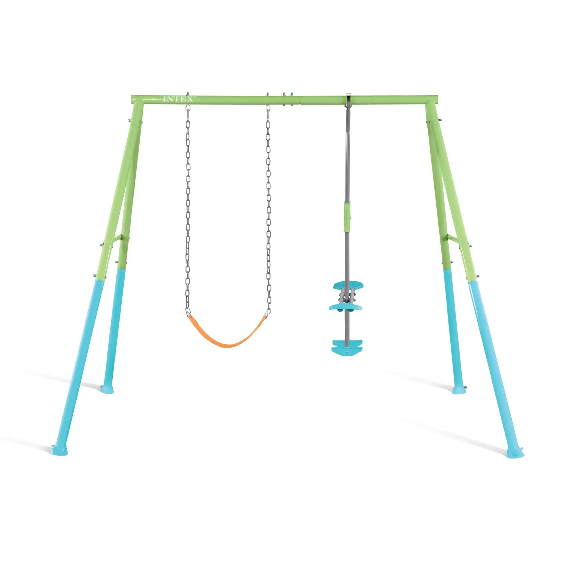 Kids swing set frame with orange chain swing and blue glider on pole