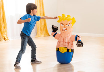 Inflatable boxing bop bag with yellow-haired fighter, standing upright during play