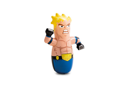 Inflatable boxing bop bag with yellow-haired fighter, blue waist, black gloves
