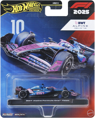 Hot Wheels Premium Formula 1 die-cast car #10 with Real Riders tires, blue and pink