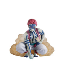 Akaza action figure with red hair, striped markings, seated on tan cloud pedestal