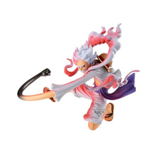 Monkey D. Luffy Gear 5 action figure with red-and-white flames, white coat, purple shorts