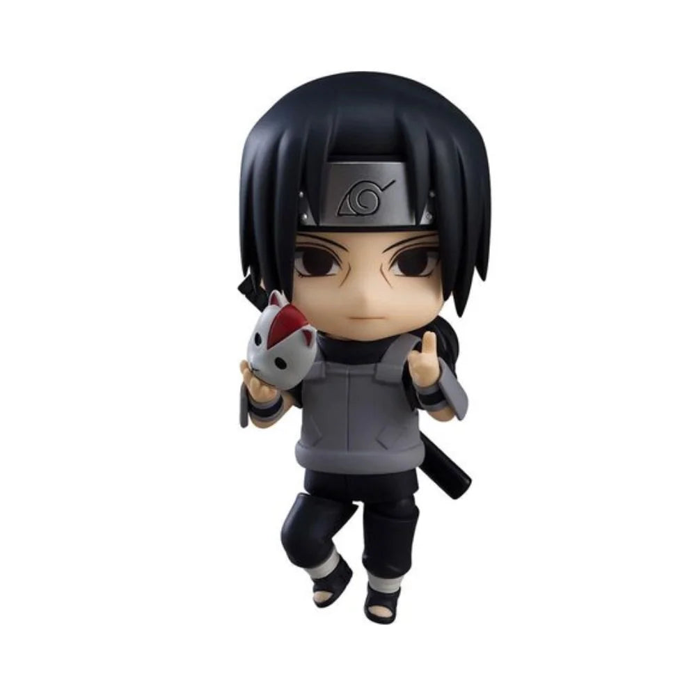 Ninja chibi action figure holding a small white and red fox-like mascot, gray-and-black suit
