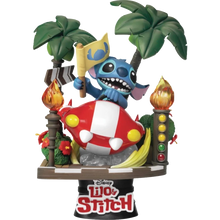 PVC diorama statue of Stitch driving a red-and-white racing car with palm trees