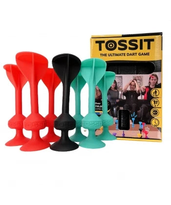 Dart game starter pack with red, black, and turquoise cups plus box