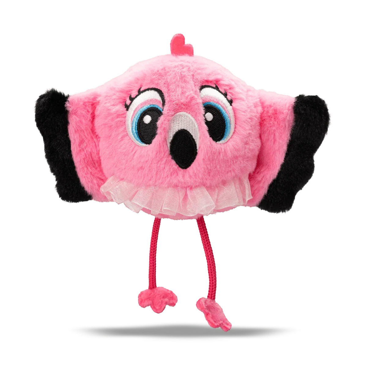 Flamingo Pink plush flamingo with pink body, black wings, ruffled skirt and dangling legs