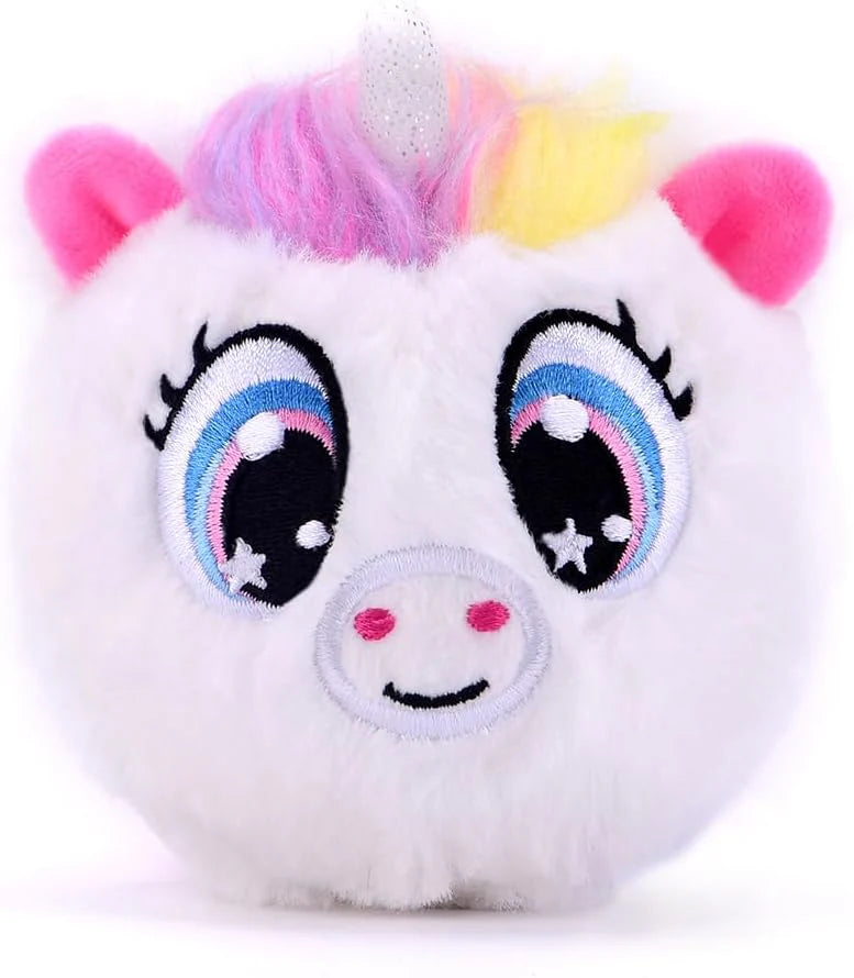 Luma Unicorn plush head with rainbow mane, big embroidered eyes, and pink ear accents