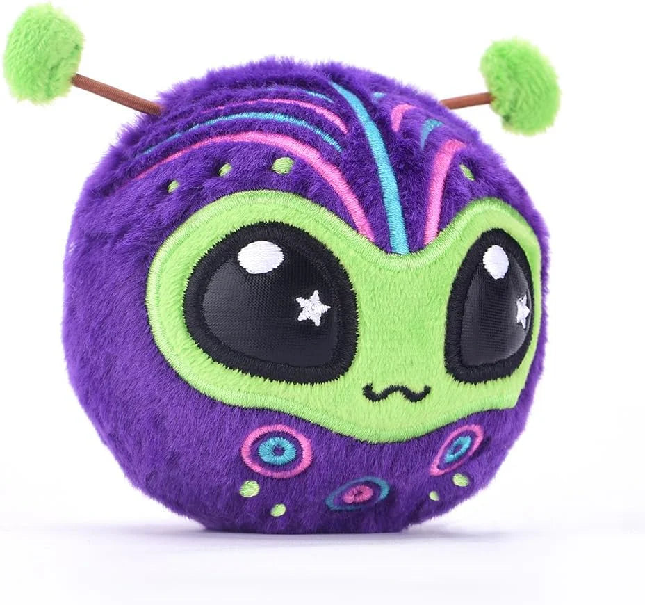 Purple alien plush with green forehead stripes and hanging antenna pom-poms