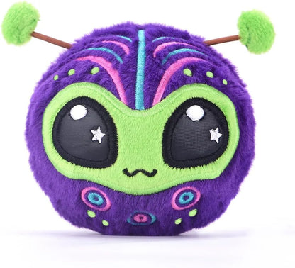 Zoggo Alien plush in purple with green face, big black eyes, antenna pom-poms