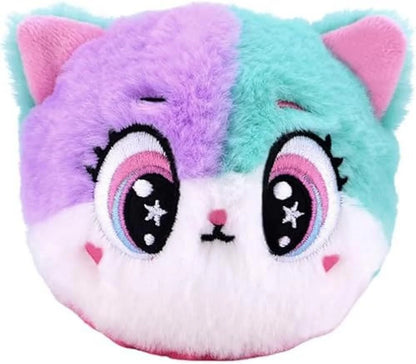 Theia cat plush with purple, teal and pink face and big star eyes
