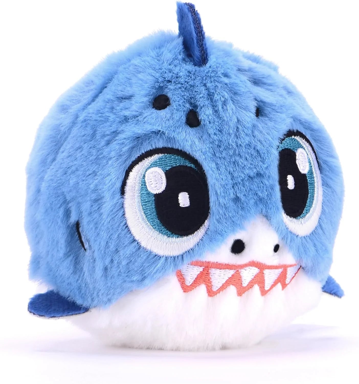 Chompy Shark blue plush, round head with stitched eyes and toothy smile