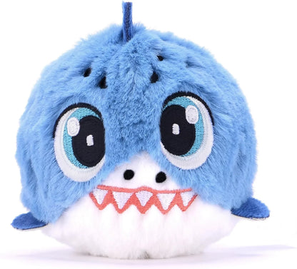 Blue Chompy Shark plush with big embroidered eyes and jagged red-toothed grin