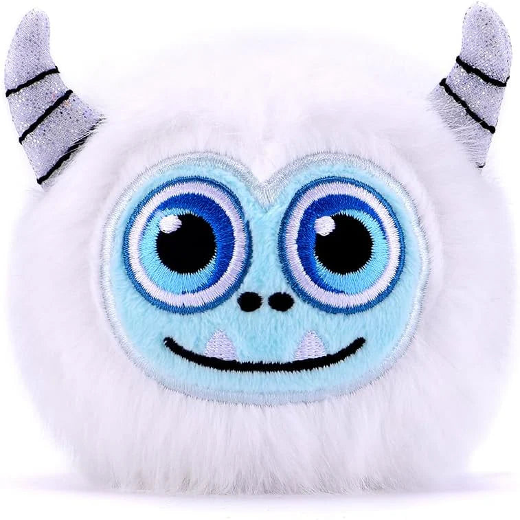 White Yeti plush hood with embroidered blue eyes and black smile, gray horn ears
