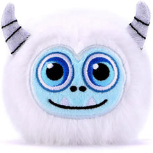 White Yeti plush hood with embroidered blue eyes and black smile, gray horn ears