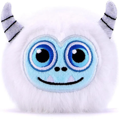 White Yeti plush hood with embroidered blue eyes and black smile, gray horn ears