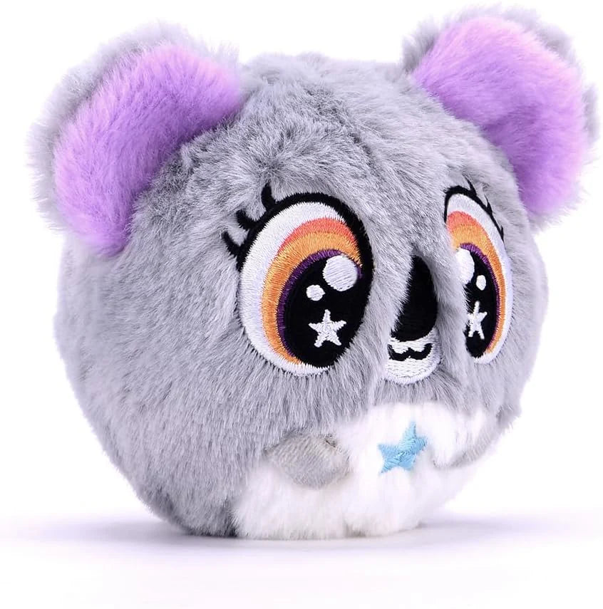 Grey koala stuffed animal, purple ear tips, smiling face and blue star on belly