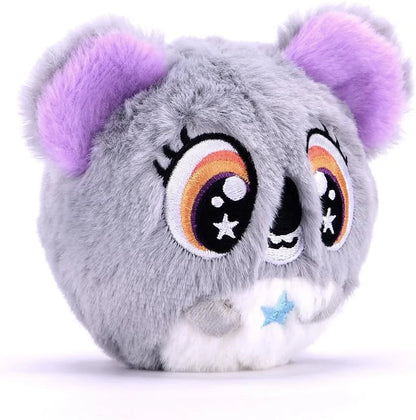 Grey koala stuffed animal, purple ear tips, smiling face and blue star on belly