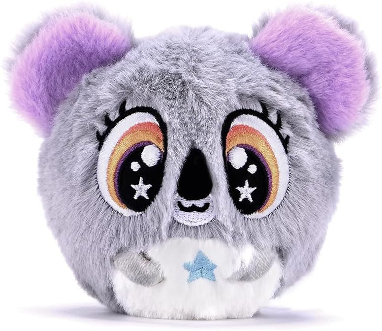 Grey koala plush with purple ears, big sparkle eyes and blue star belly patch