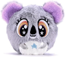 Grey koala plush with purple ears, big sparkle eyes and blue star belly patch