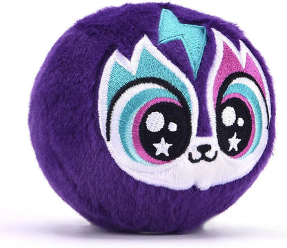 Purple Electra Lightning Cat plush ball with teal lightning and embroidered face