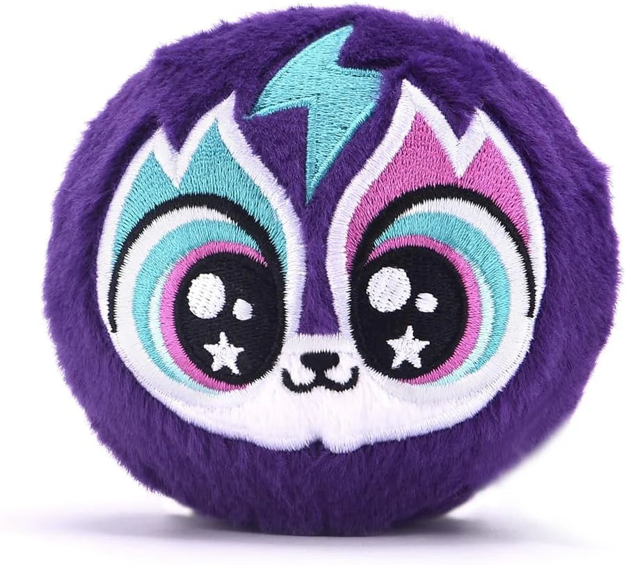 Purple plush cat ball with teal lightning pattern and wide cartoon eyes