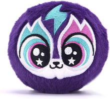 Purple plush cat ball with teal lightning pattern and wide cartoon eyes