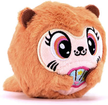 Brown plush otter with big eyes and rainbow-striped mouth graphic