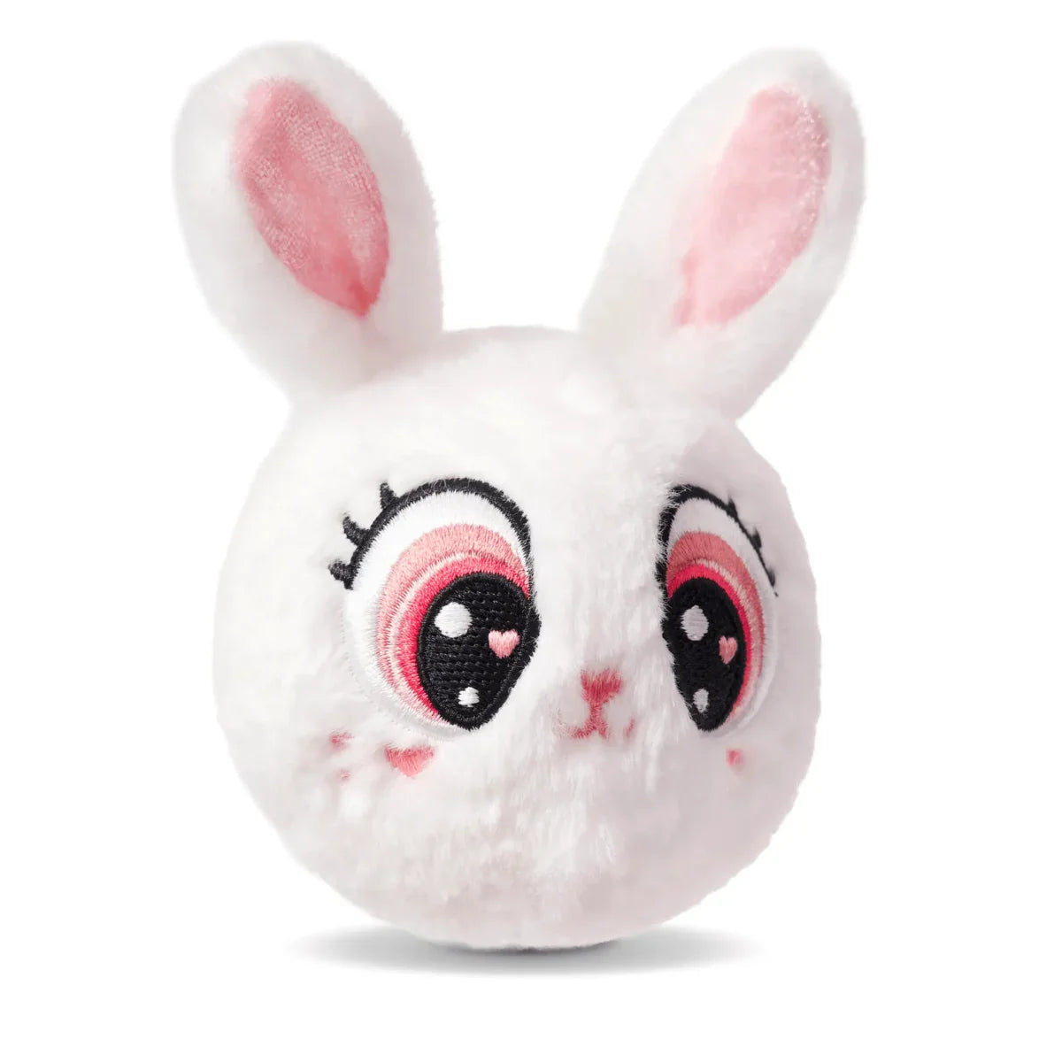 White plush bunny with pink inner ears, embroidered eyes and nose