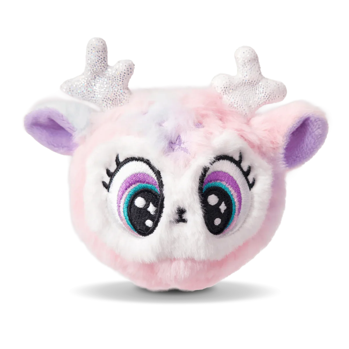 Isla Pink Deer plush face with glittery antlers, big teal-and-purple eyes