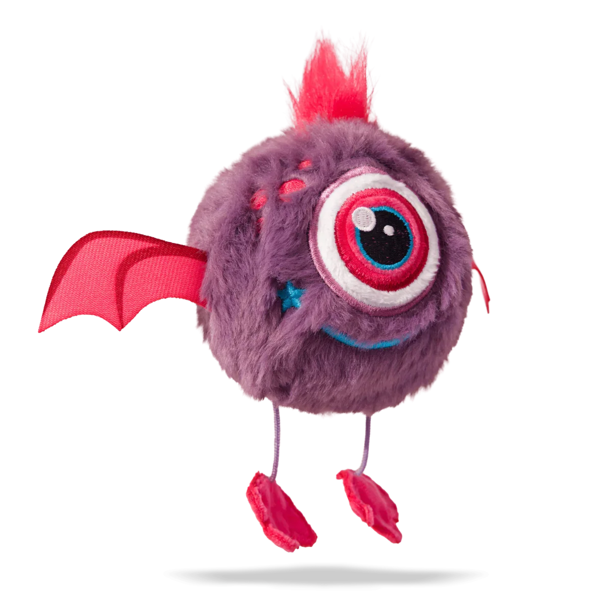 Noa Solo Eye plush: purple bird with big embroidered eye, red crest, ribbon wings