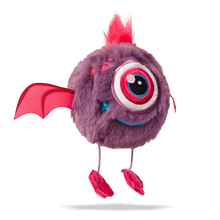 Noa Solo Eye plush: purple bird with big embroidered eye, red crest, ribbon wings