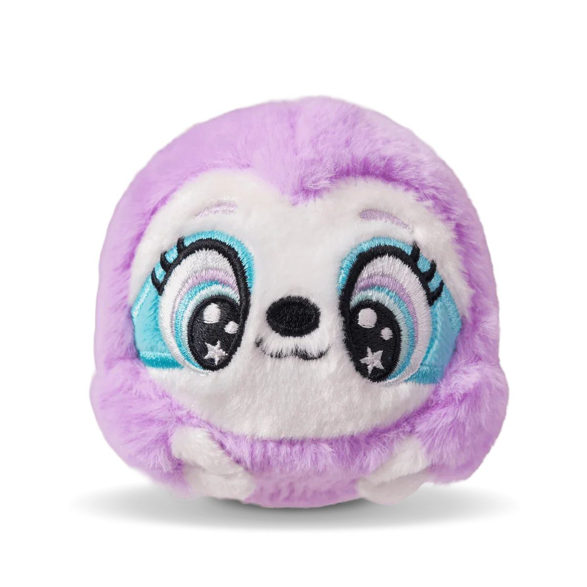 Purple plush sloth with big blue eyes and a white muzzle