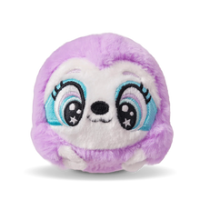 Purple plush sloth with big blue eyes and a white muzzle