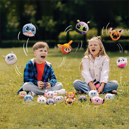 Green Monster plush toy with embroidered face, pictured among other plush characters