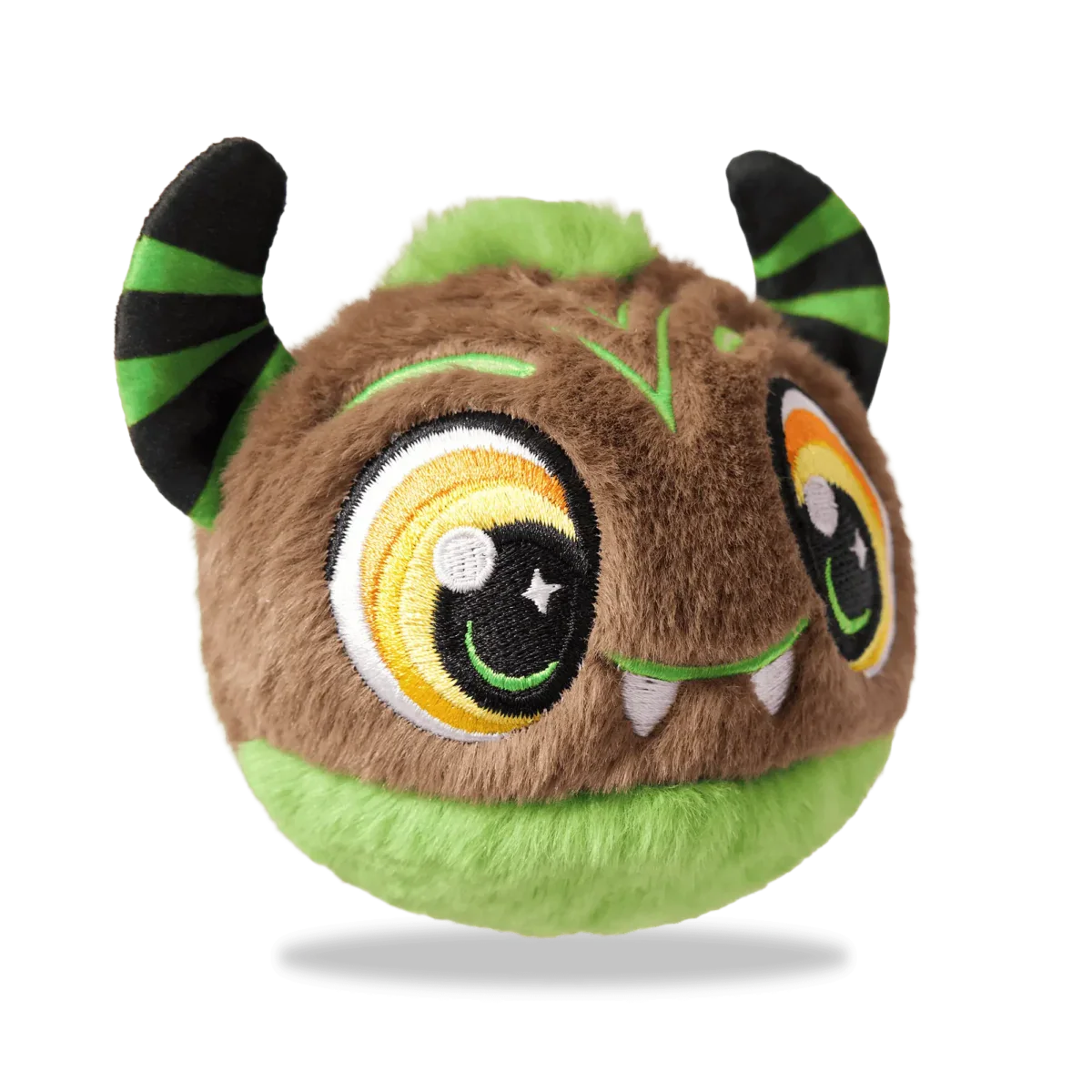 Green Monster plush toy with striped ears and embroidered face