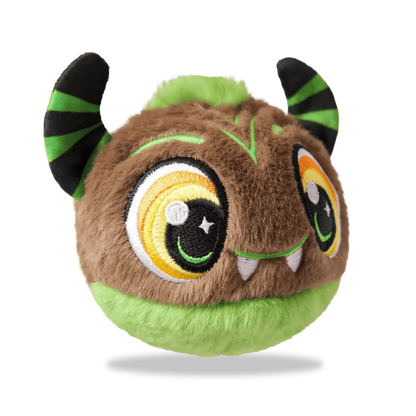 Green Monster plush toy with striped ears and embroidered face