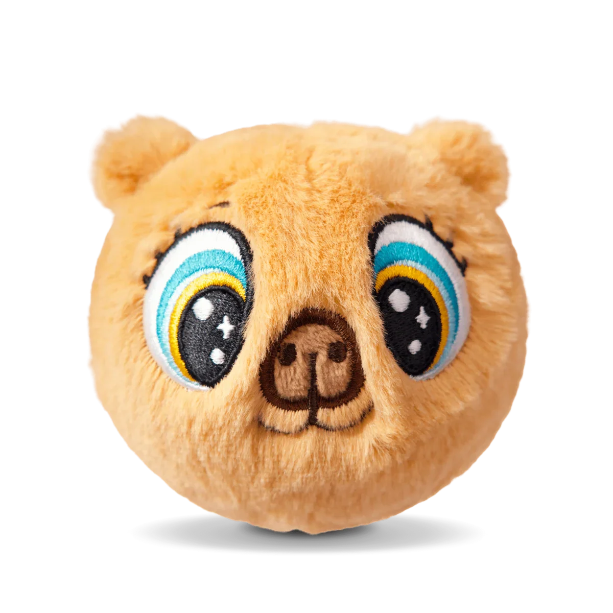 Brown capybara plush face with large blue-and-yellow eyes